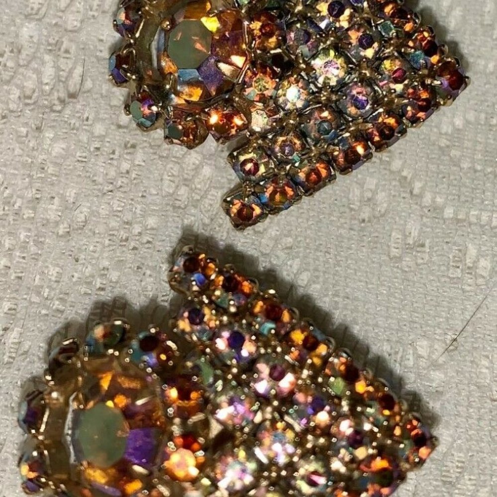 Vintage Signed HOBE Clip Earrings, AB Crystal
